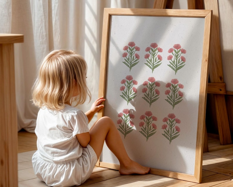 Digital floral wall art featuring hand-painted pink blossoms and sage green stems, ideal for a grandmillennial girls room or cottagecore nursery printable. This green and pink botanical artwork has a chinoiserie influence, perfect for southern floral art and vintage inspired digital decor. Offered as a digital download, this print also complements coastal grandma interiors and coastal preppy wall art styles for timeless, versatile home design.