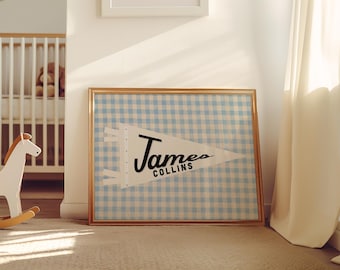Baby Name Nursery Wall Art | Custom Baby Name Sign | Digital Download Pennant Name | Vintage Boys Nursery Decor, Printable Wall Art