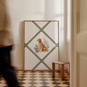 Cute Golden Retriever watercolor dog illustration set inside a sage green trellis border, designed as printable nursery wall decor. Perfect for cottagecore nurseries, grandmillennial style kids’ rooms, or dog-themed baby girl decor. This digital wall art is a thoughtful dog lover gift, versatile enough for playrooms, nurseries, and cozy interiors. A charming way to bring animal art into modern printable wall decor.