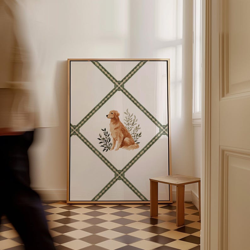 Cute Golden Retriever watercolor dog illustration set inside a sage green trellis border, designed as printable nursery wall decor. Perfect for cottagecore nurseries, grandmillennial style kids’ rooms, or dog-themed baby girl decor. This digital wall art is a thoughtful dog lover gift, versatile enough for playrooms, nurseries, and cozy interiors. A charming way to bring animal art into modern printable wall decor.