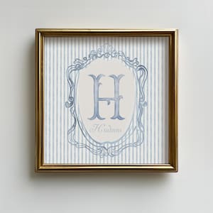 Blue Watercolor Initial Print, Cottagecore Nursery Art, Personalized Toddler Monogram, Printable Boy Nursery Decor, Blue Stripe Print