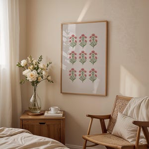 Modern southern botanical art print in pink and green, designed as a digital download featuring vintage floral artwork. With a repeated floral motif of watercolor blossoms, this chinoiserie wall art adds a grandmillennial touch to any girls room or cottagecore nursery. Perfect as coastal grandma art or preppy floral wall decor, this printable design blends green leaves and soft pink blooms for a timeless botanical accent.