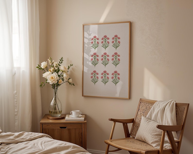 Modern southern botanical art print in pink and green, designed as a digital download featuring vintage floral artwork. With a repeated floral motif of watercolor blossoms, this chinoiserie wall art adds a grandmillennial touch to any girls room or cottagecore nursery. Perfect as coastal grandma art or preppy floral wall decor, this printable design blends green leaves and soft pink blooms for a timeless botanical accent.