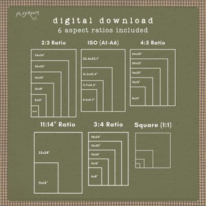 Puede incluir: Gr&aacute;fico de descarga digital con seis relaciones de aspecto: 2:3, ISO (A1-A6), 4:5, 11:14, 3:4 y cuadrado (1:1). Cada relaci&oacute;n muestra varias opciones de tama&ntilde;o en cent&iacute;metros, como 61x91, 51x76, 41x61, 30x46, 20x30 y 10x15.