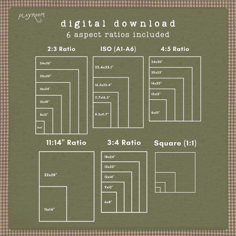 Puede incluir: Gr&aacute;fico de descarga digital con seis relaciones de aspecto: 2:3, ISO (A1-A6), 4:5, 11:14, 3:4 y cuadrado (1:1). Cada relaci&oacute;n muestra varias opciones de tama&ntilde;o en cent&iacute;metros, como 61x91, 51x76, 41x61, 30x46, 20x30 y 10x15.