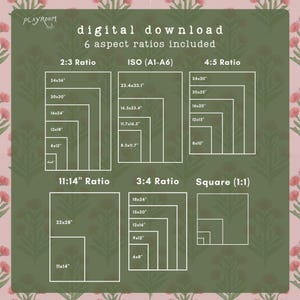 May include: Digital download graphic with six aspect ratios, including 2:3, ISO (A1-A6), 4:5, 11:14, 3:4, and square (1:1). Each ratio displays various size options in inches, such as 24x36, 20x30, 16x24, 12x18, 8x12, and 4x6.