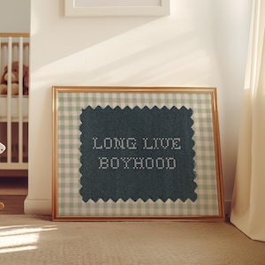 Pode incluir: Uma obra de arte emoldurada com o texto "LONG LIVE BOYHOOD" bordado em tecido azul escuro. A moldura tem acabamento dourado e fundo xadrez vichy. Um cavalo de baloiço branco e um berço estão ao fundo.