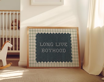 Long Live Boyhood Digital Download, Vintage Boy Nursery Decor, Vintage Boy Room Art, Rustic Nursery Print, Green Gingham Wall Art