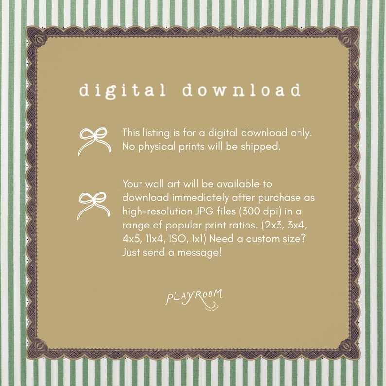 Puede incluir: Impresi&oacute;n art&iacute;stica de descarga digital con texto sobre un fondo beige, enmarcada con un borde decorativo. El texto dice "descarga digital" y detalla los archivos digitales.