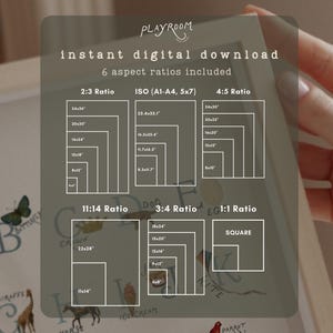 May include: An image with the text "PLAYROOM instant digital download" and "6 aspect ratios included". The image shows different aspect ratios, including 2:3, ISO, 4:5, 11:14, 3:4, and 1:1. The image also shows an apple, a butterfly, and a giraffe.