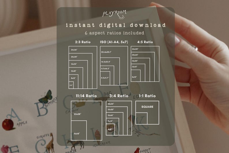 May include: An image with the text "PLAYROOM instant digital download" and "6 aspect ratios included". The image shows different aspect ratios, including 2:3, ISO, 4:5, 11:14, 3:4, and 1:1. The image also shows an apple, a butterfly, and a giraffe.