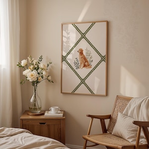 Golden Retriever digital wall art print featuring a watercolor dog illustration in sage green lattice border. A charming addition to cottagecore nursery decor, this printable dog wall art makes sweet baby girl room decor or a playroom accent. Perfect for grandmillennial homes, this dog illustration works beautifully as a thoughtful pet lover gift and timeless watercolor nursery print.
