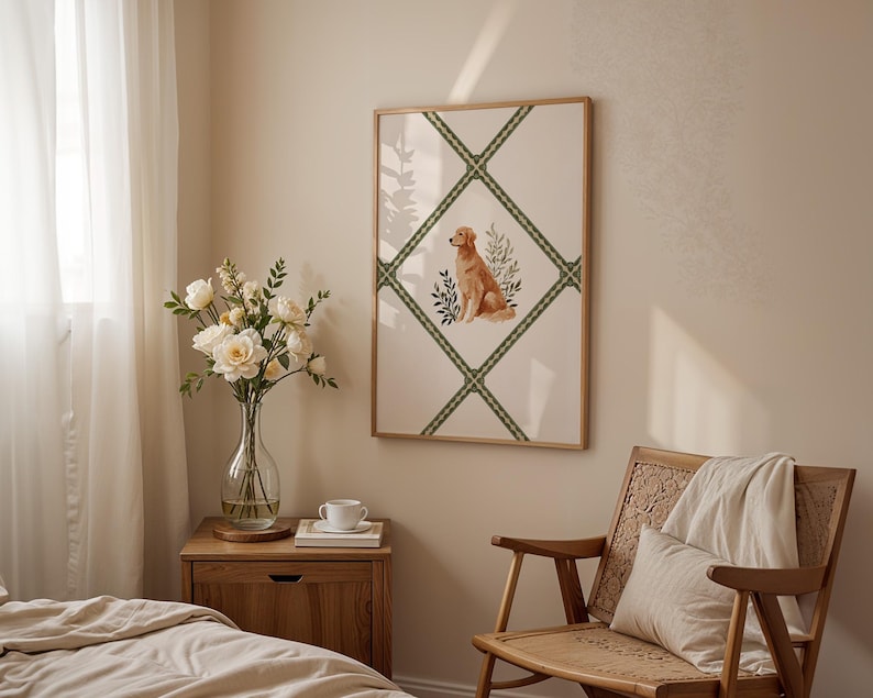 Golden Retriever digital wall art print featuring a watercolor dog illustration in sage green lattice border. A charming addition to cottagecore nursery decor, this printable dog wall art makes sweet baby girl room decor or a playroom accent. Perfect for grandmillennial homes, this dog illustration works beautifully as a thoughtful pet lover gift and timeless watercolor nursery print.