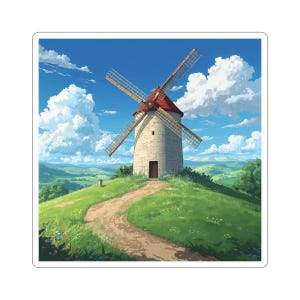 May include: A sticker featuring a picturesque windmill scene. The white stone windmill has a red roof and four blades, set against a blue sky with fluffy white clouds. A dirt path leads up a green hill, with rolling hills in the background.