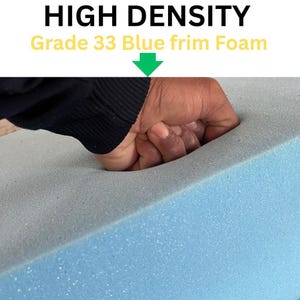 May include: A hand presses into a block of blue foam, demonstrating its density. The text "HIGH DENSITY" is visible, with "Grade 33 Blue frim Foam" below it. A green arrow indicates the foam.