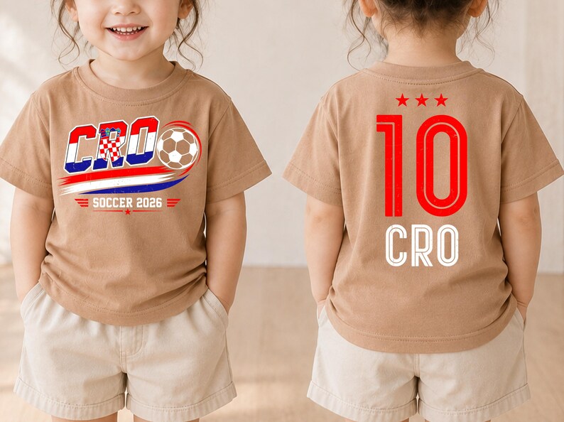 Może przedstawiać: Beżowy t-shirt z grafiką z przodu zawierającą napis CRO, piłkę nożną oraz SOCCER 2026. Z tyłu koszulki znajduje się czerwona liczba 10, trzy czerwone gwiazdki nad nią oraz biały napis CRO pod liczbą.