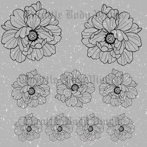 May include: A black and white floral design featuring multiple peony-like flowers. The flowers are intricately detailed with delicate petals and a central pattern. The background is a light grey with scattered white sparkles. The text "Little Body Winks" is visible.