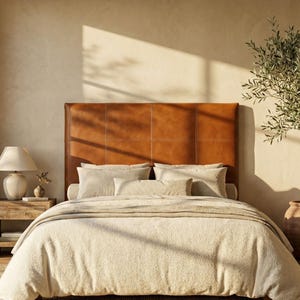 Wall Mount Leather Headboard Genuine • King Queen Twin Size Bed • Modern Square Stitched Headboard • Boho Floating Panel • Cognac Tan Black