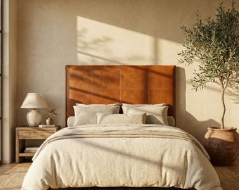 Wall Mount Leather Headboard Genuine • King Queen Twin Size Bed • Modern Square Stitched Headboard • Boho Floating Panel • Cognac Tan Black
