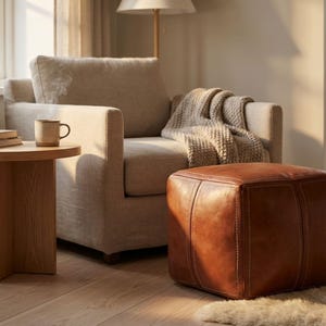 A vintage brown leather square pouf footstool placed in front of a comfortable beige armchair in a cozy reading nook.