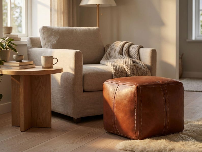 A vintage brown leather square pouf footstool placed in front of a comfortable beige armchair in a cozy reading nook.
