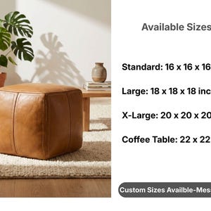 Size guide chart for square leather poufs showing standard, large, extra large, and coffee table dimensions, plus custom size availability.