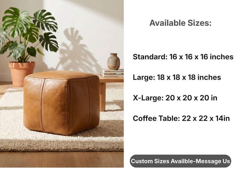 Size guide chart for square leather poufs showing standard, large, extra large, and coffee table dimensions, plus custom size availability.