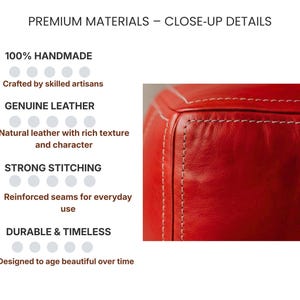 lose up macro detail showing the premium genuine leather texture, 100 percent handmade quality, and strong stitching of a Moroccan pouf.