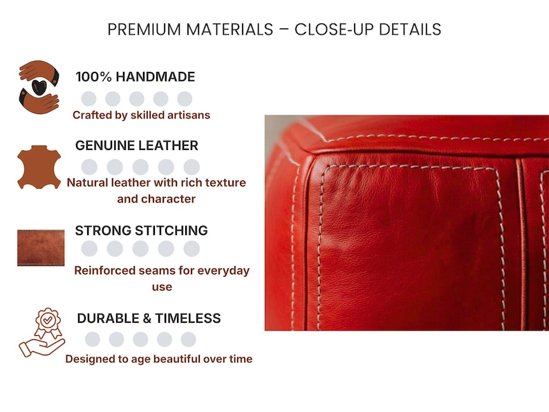 lose up macro detail showing the premium genuine leather texture, 100 percent handmade quality, and strong stitching of a Moroccan pouf.