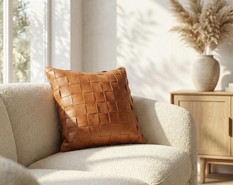 Leather Cushion | Woven Leather Boho Decor | Lumbar Pillow Cover for Sofa & Bed | Cognac Handmade Pillow