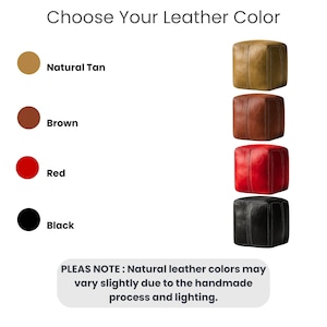 Color chart showing available handmade leather pouf options including Natural Tan, Brown, Red, and Black.