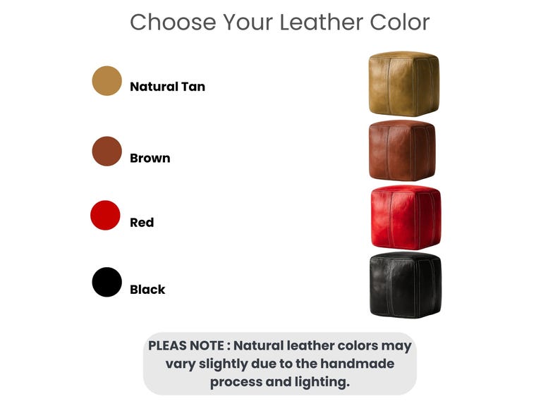 Color chart showing available handmade leather pouf options including Natural Tan, Brown, Red, and Black.