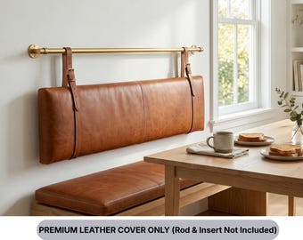 Kussen hoofdeinde aan de muur, leren bank met ontbijthoek, zitbank keukenbank, natuurlijk bruin hangende rugleuning hoofdeinde