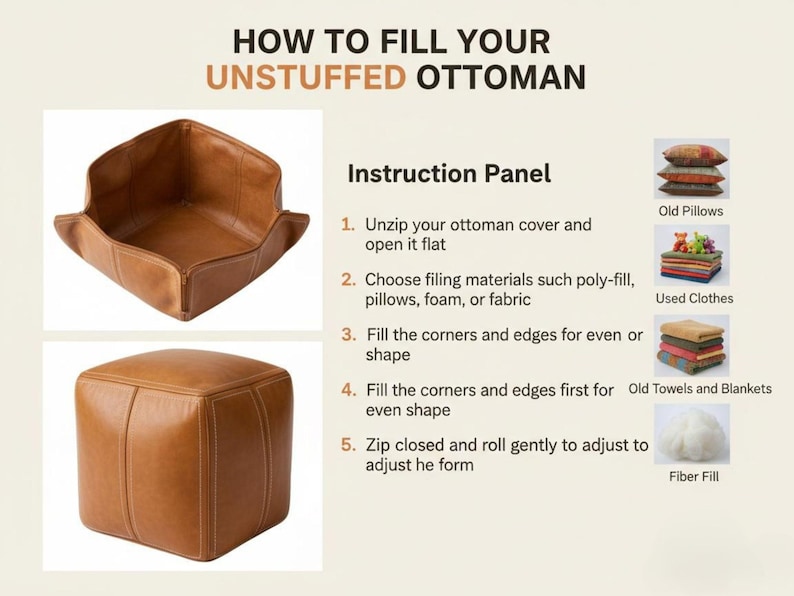 Step by step instruction guide on how to easily fill an unstuffed leather pouf ottoman using poly-fill, old pillows, used clothes, or blankets.
