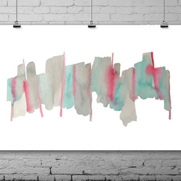 Abstract Watercolor Painting - original contemporary fine art - turquoise green red grey - ombre gradient