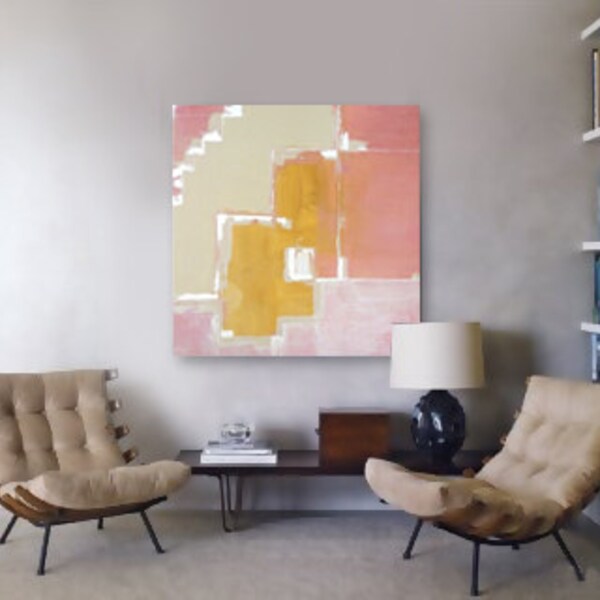 Große abstrakte Acryl-Malerei-Original Fine Art 36 "x 36" von Linnea Heide - gelber Ocker - Beige - Weizen - weiße Perle