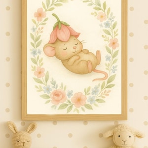 Sleeping Mouse Nursery Print – Woodland Animal Watercolour Wall Art | Floral Baby Room Decor | Soft Neutral Nursery Illustration Cottagecore