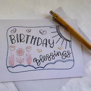 Handmade Birthday Card/Embroidered Design/Stitched Greeting Card/One of a kind Gift/Special Occasion Card/Birthday Blessings Black