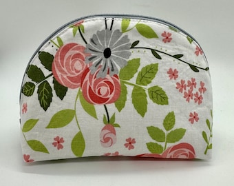 Pink Gray Floral Dumpling Pouch/Small Bag/Accessory Case/Makeup Case/Half Moon Zipper Pouch/Gift for Her/Clam Shell Clutch/Stocking Stuffer