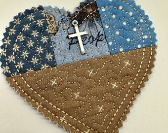 Blue Brown Quilted Heart/Prayer Pocket/Fabric Pocket Prayer Heart/Inspirational Religious/Encouragement Gift/gift for her/Daily Devotional