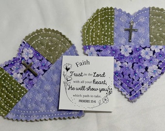 Purple Green Quilted Heart/Prayer Pocket/Fabric Pocket Prayer Heart/Inspirational Religious/Encouragement Gift/gift for her/Daily Devotional