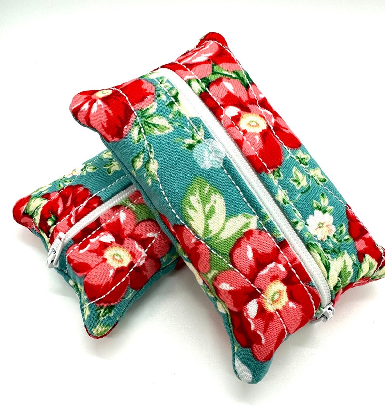 Teal Flowers Zippered Tissue Holder/Toiletry Bag/Travel Tissue Holder/Tissue Case/Tissue Pouch/Pocket Size Tissue Case/Tampon Pouch/Stocking image 4