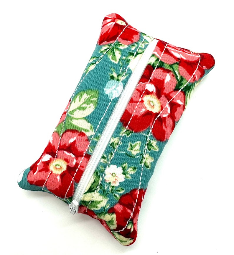 Teal Flowers Zippered Tissue Holder/Toiletry Bag/Travel Tissue Holder/Tissue Case/Tissue Pouch/Pocket Size Tissue Case/Tampon Pouch/Stocking image 3