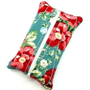 Teal Flowers Zippered Tissue Holder/Toiletry Bag/Travel Tissue Holder/Tissue Case/Tissue Pouch/Pocket Size Tissue Case/Tampon Pouch/Stocking image 1