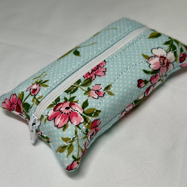 Blue Dot Pink Flower Tissue Pouch/Zippered Tissue Holder/Toiletry Bag/Travel Tissue Holder/Tampon Case/Tissue Pouch/Pocket Tissue Case/Gift