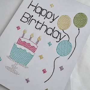 Handmade Birthday Card/Embroidered Design/Stitched Greeting Card/One of a kind Gift/Special Occasion Card/Birthday cake and balloons