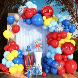 133Pcs Circus Balloon Garland Arch Kit, Blue, Yellow, Red, Rainbow Glitter Balloons for Carnival Theme, Boy Birthday Party Decor Background