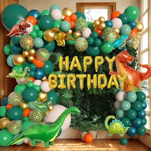 167pcs Dinosaur Balloon Garland Arch Kit, Grey Green Orange Balloon with Dino Foil Balloon for Jungle, Wild Animal Birthday Party Decoration