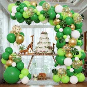 134pcs Jungle Balloon Garland Arch Kit, Green Gold White Confetti Balloons with Tropical Leaves, Safari Dinosaur Birthday Theme Party Decor
