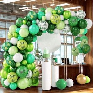 82pcs Dinosaur Balloon Garland Arch Kit, Green White Latex Balloons, Jurassic Theme Birthday Party Decor, Baby Shower, Tropical Party Supply